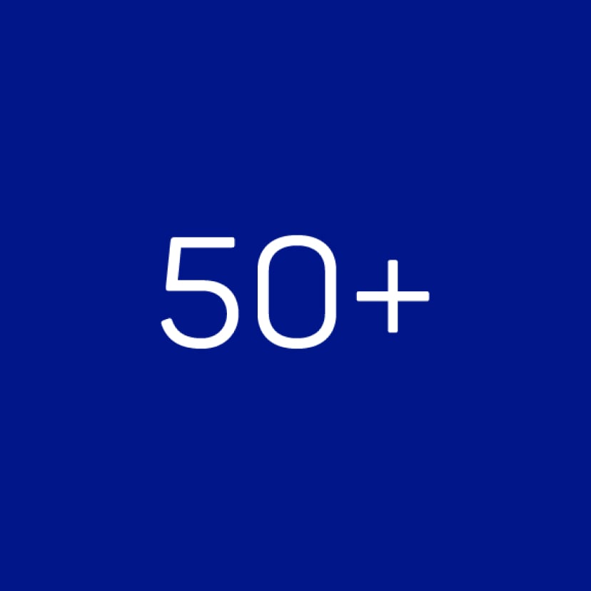 The number 50x is written in white on a dark blue background.
