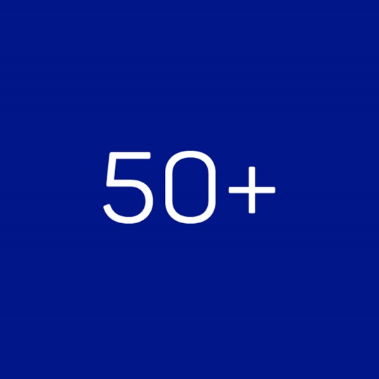 The number 50x is written in white on a dark blue background.