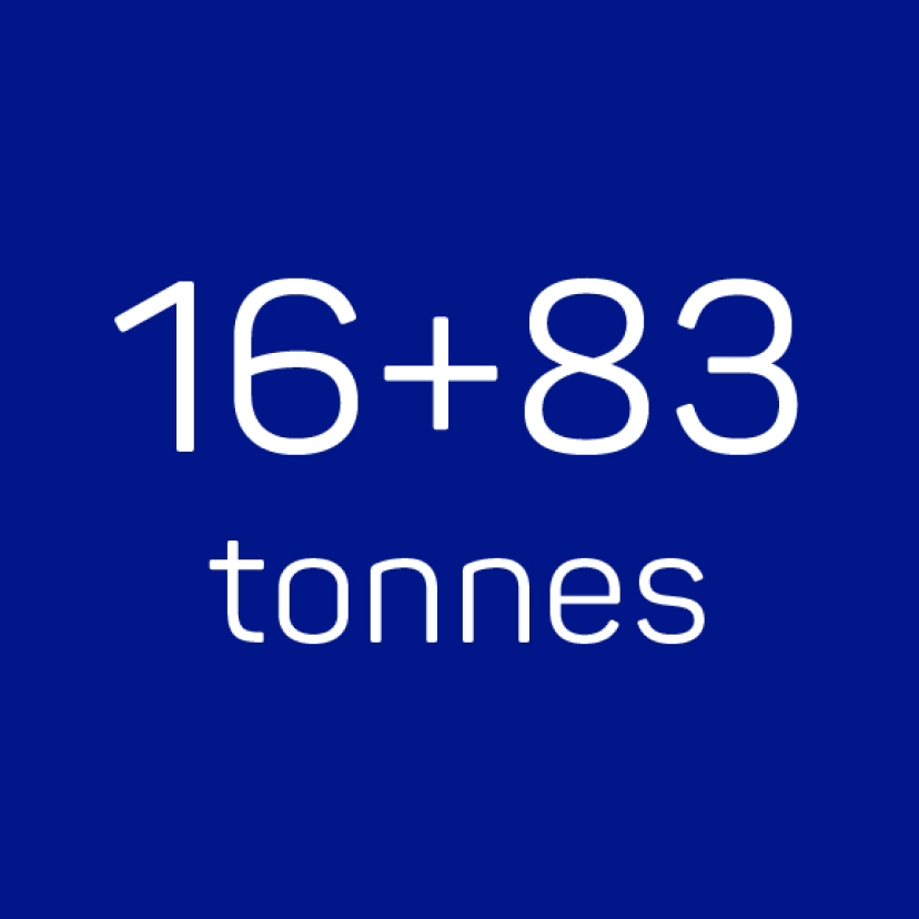 The text 16+83 tonnes written in white on a dark blue background.
