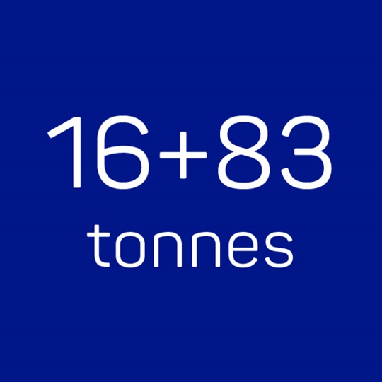 The text 16+83 tonnes written in white on a dark blue background.