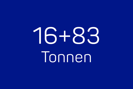 Der Text 16+83 Tonnen in Weiß auf einem dunkelblauen Hintergrund geschrieben.