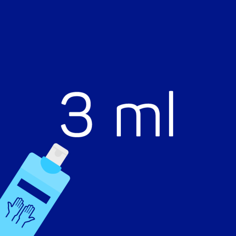Der Text 3ml in Weiß auf einem dunkelblauen Hintergrund über dem Icon einer leuchtend blauen Sterillium® Flasche.