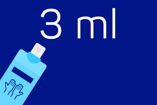 Der Text 3ml in Weiß auf einem dunkelblauen Hintergrund über dem Icon einer leuchtend blauen Sterillium® Flasche.