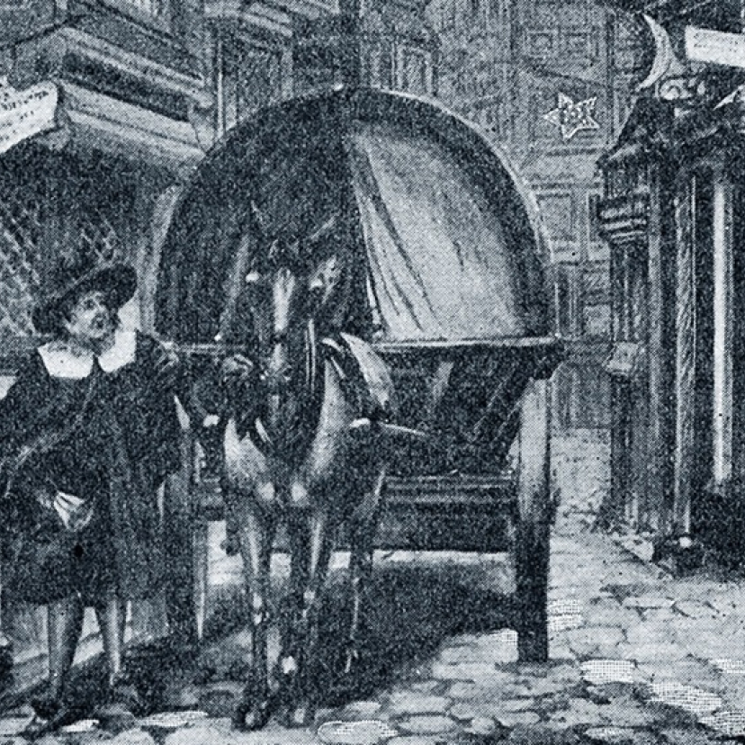 Historic black-and-white sketch of a man standing next to a horse cart.