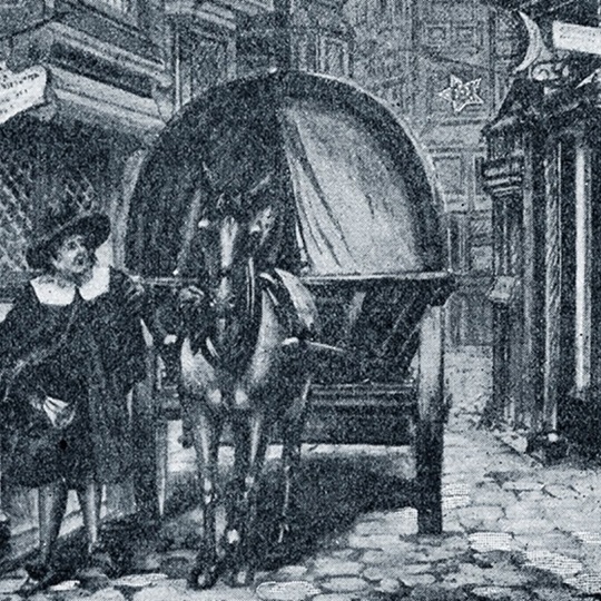 Historische Schwarz-Weiß-Skizze eines Mannes, der neben einem Pferdewagen steht.