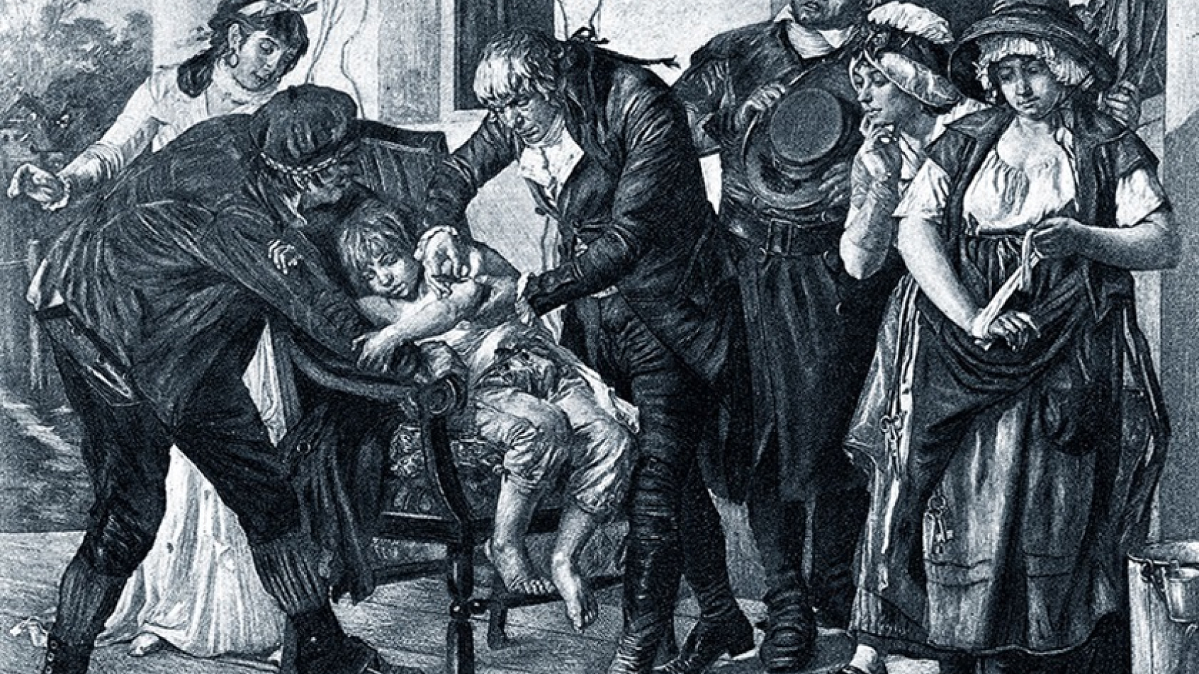 Historic black-and-white drawing of Edward Jenner vaccinating a child in front of a group of people.