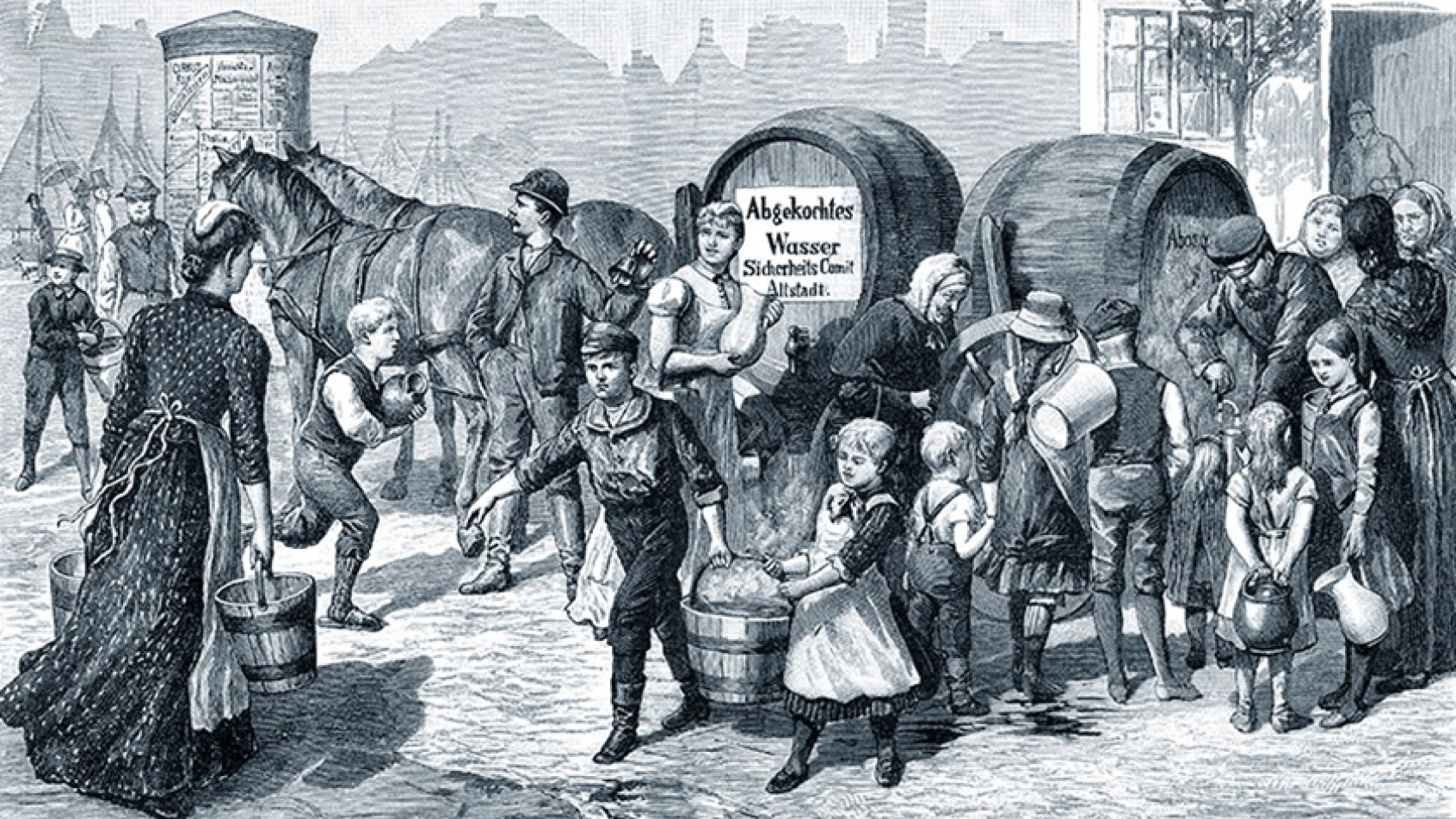Historic black-and-white sketch of women and children picking up buckets of boiled water in a marketplace.