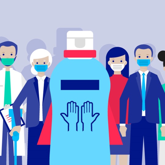 Illustration of a Sterillium® bottle wearing a red cape in front of people wearing facemasks.
