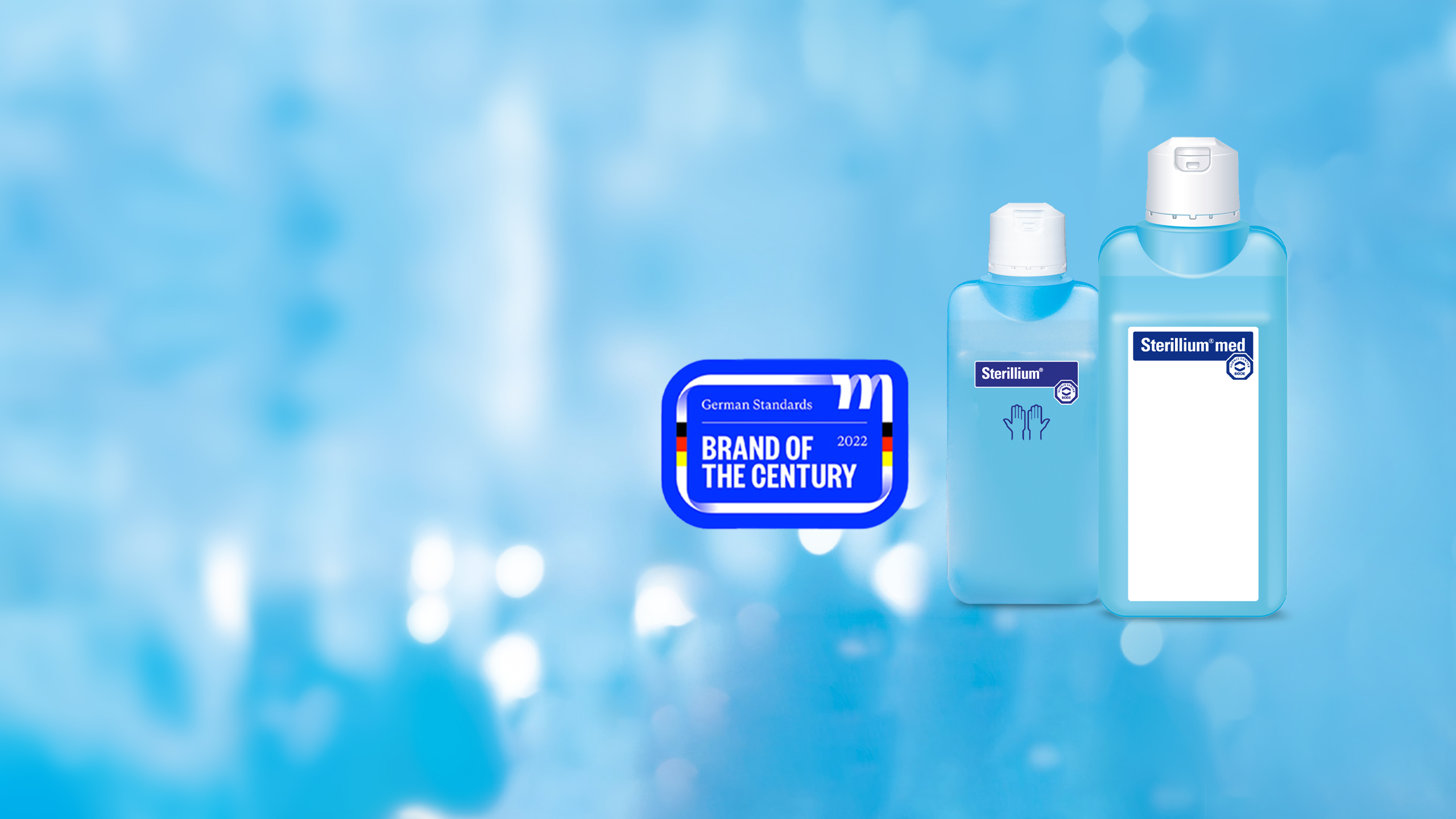 Two bottles of Sterillium® disinfectact against a blue background with the tag Brand of the Century 2022.