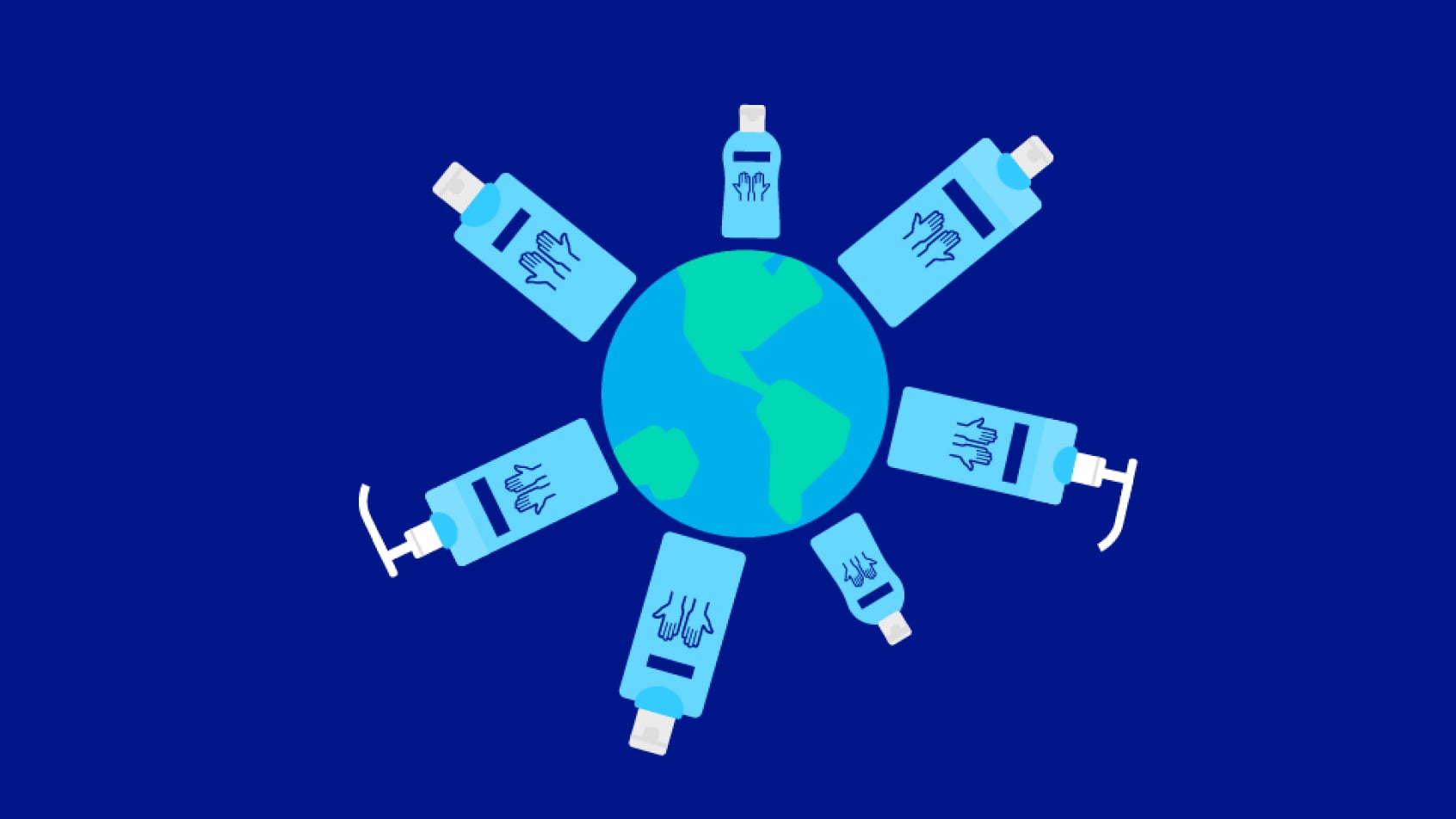 An illustration of Sterillium® bottles surrounding the globe on a dark blue background.