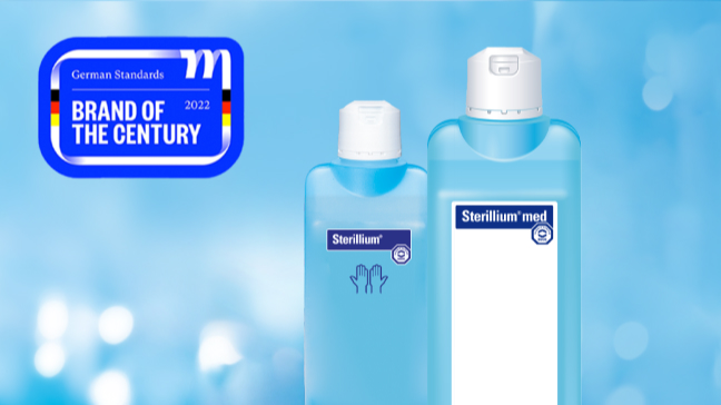 Two bottles of Sterillium® disinfectact against a blue background with the tag Brand of the Century 2022.