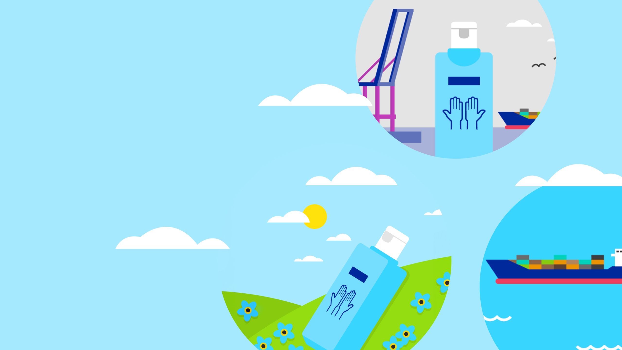 Illustration of a Sterillium® bottle on a hill and in a harbor before a blue sky.