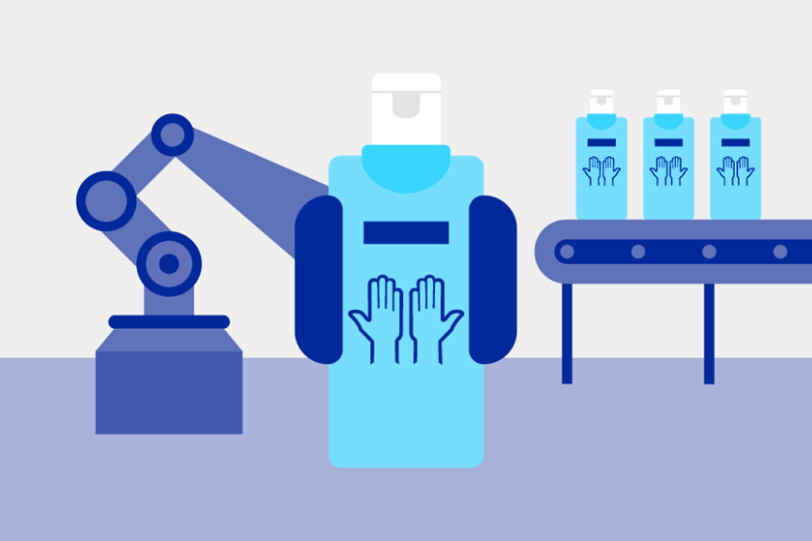 Illustration of Sterillium® bottles in a factory.