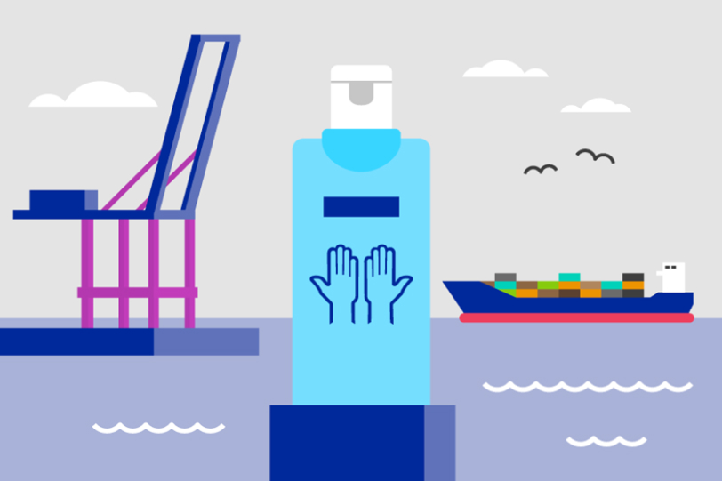 Illustration of Sterillium® bottle on the Elbe in Hamburg symbolizing the worldwide shipping and delivery.