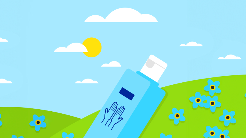 Illustration of a blue Sterillium® bottle lying on a hill among blue flowers.