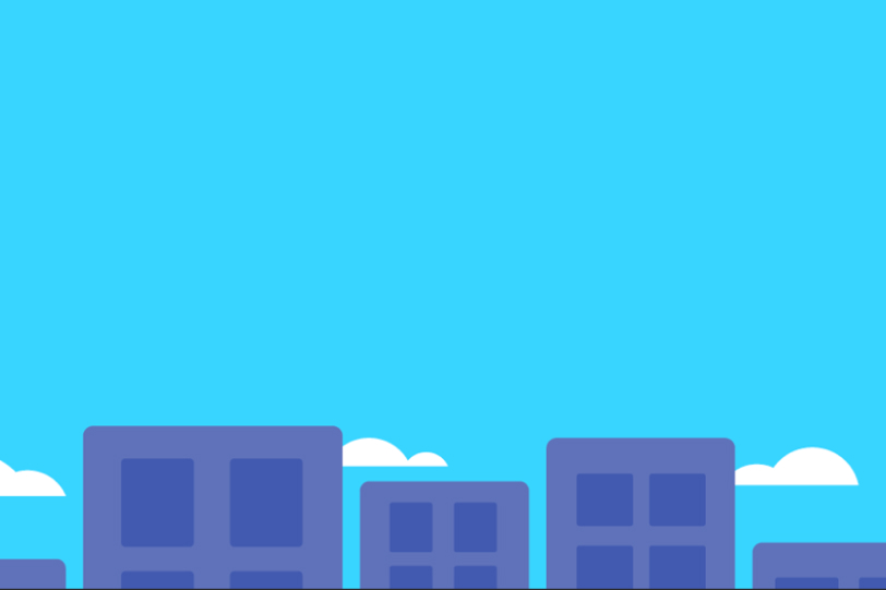 Illustration of a row of skyscrapers under a bright blue sky.