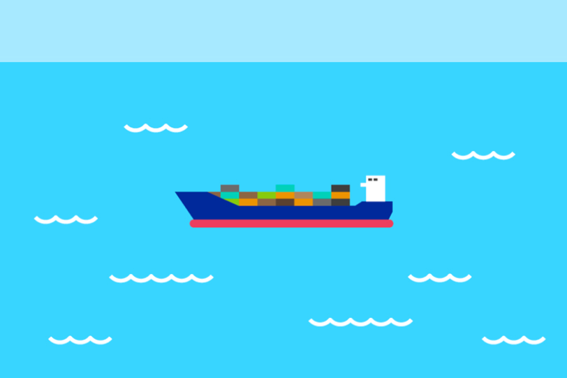 Illustration of a container ship on the ocean.