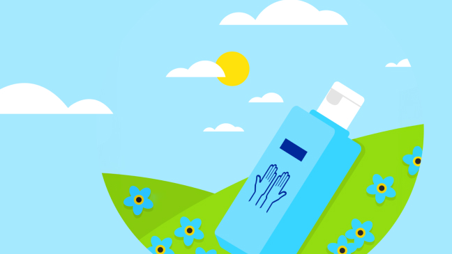 Illustration of a Sterillium® bottle on a hill and in a harbor before a blue sky.