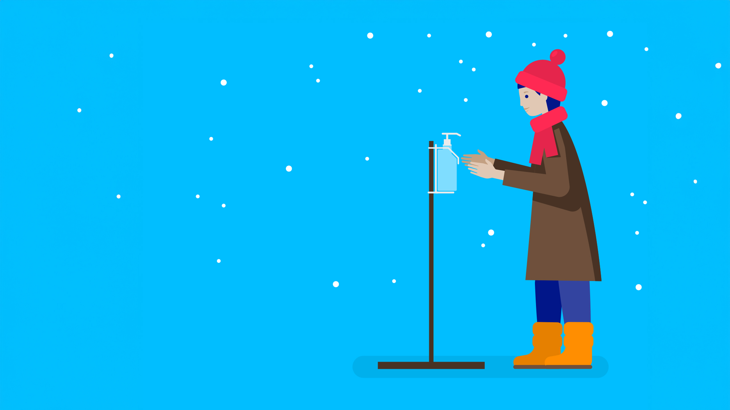 Illustration: A woman in winter clothing disinfects her hands.