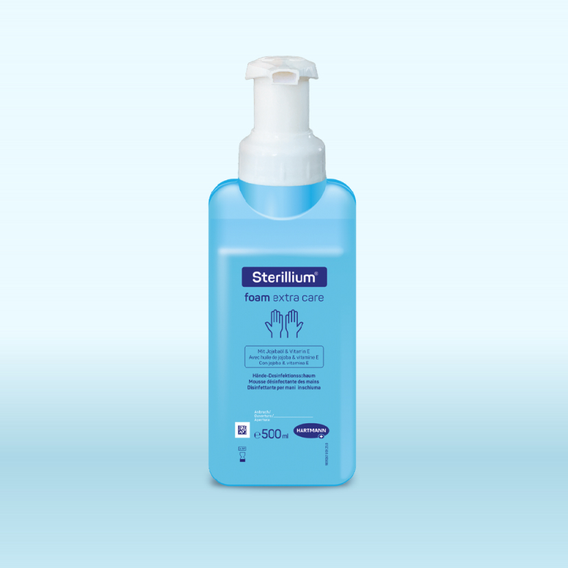 Blue bottle of Sterillium hand disinfectant with pump dispenser.
