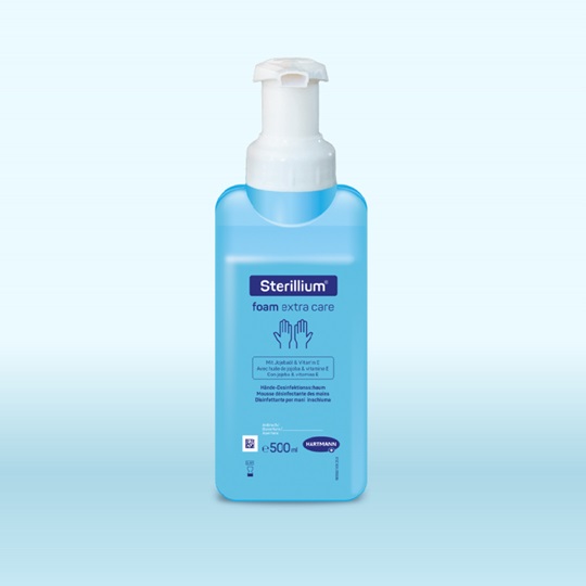 Blue bottle of Sterillium hand disinfectant with pump dispenser.