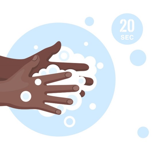 Graphic of black hands soaping with an indication: 20 seconds.