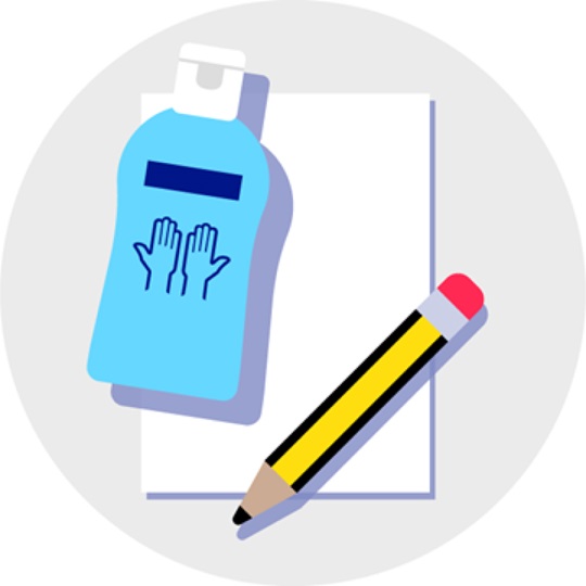 Illustration of hand sanitizer bottle on a sheet of paper next to a pencil.
