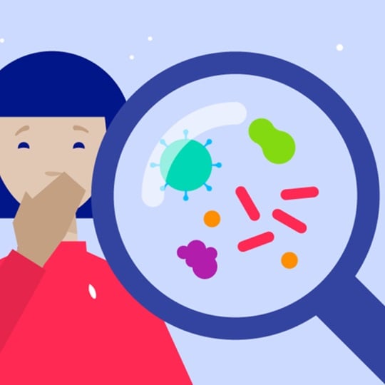 Illustration of person coughing or sneezing with droplets floating around.