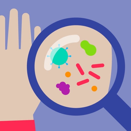 Illustration of magnifying glass inspecting the skin of a hand.