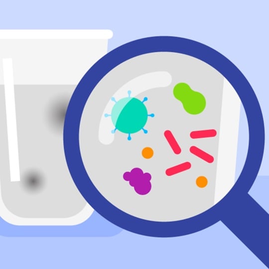 Illustration of magnifying glass inspecting water.