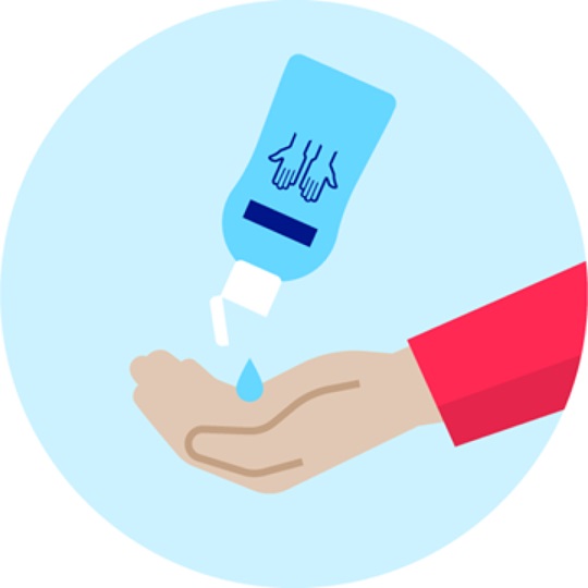 Illustration einer Hand, die Händedesinfektionsmittel aufträgt.