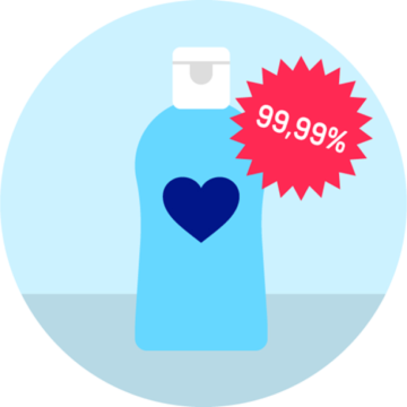 Illustration of disinfectant bottle with tag saying 99,99%.