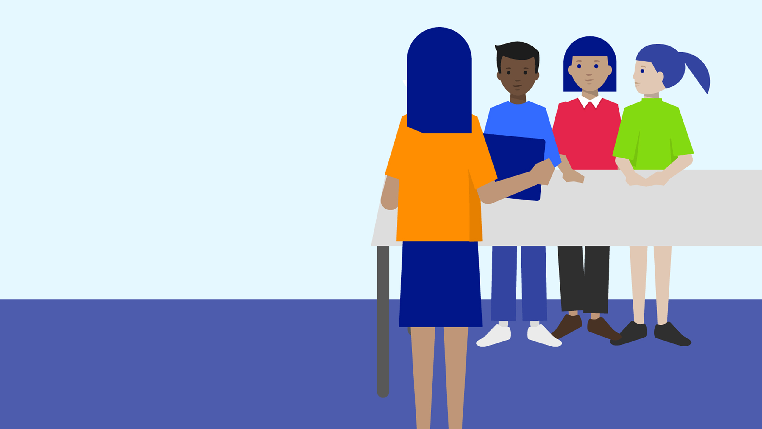 Illustration of a teacher with students.