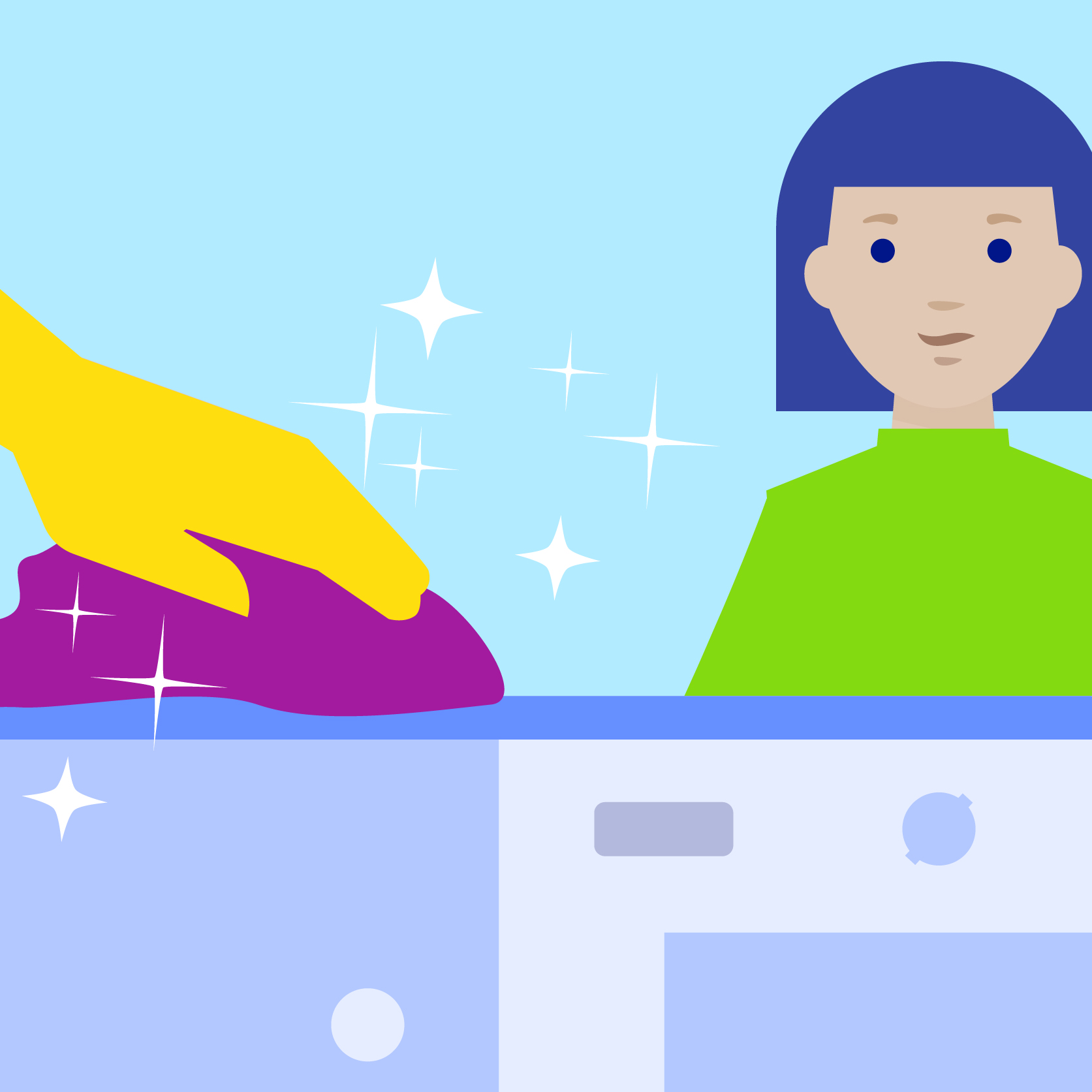 Illustration of disinfectant and cloth, an adult's hand cleans a table while child watches