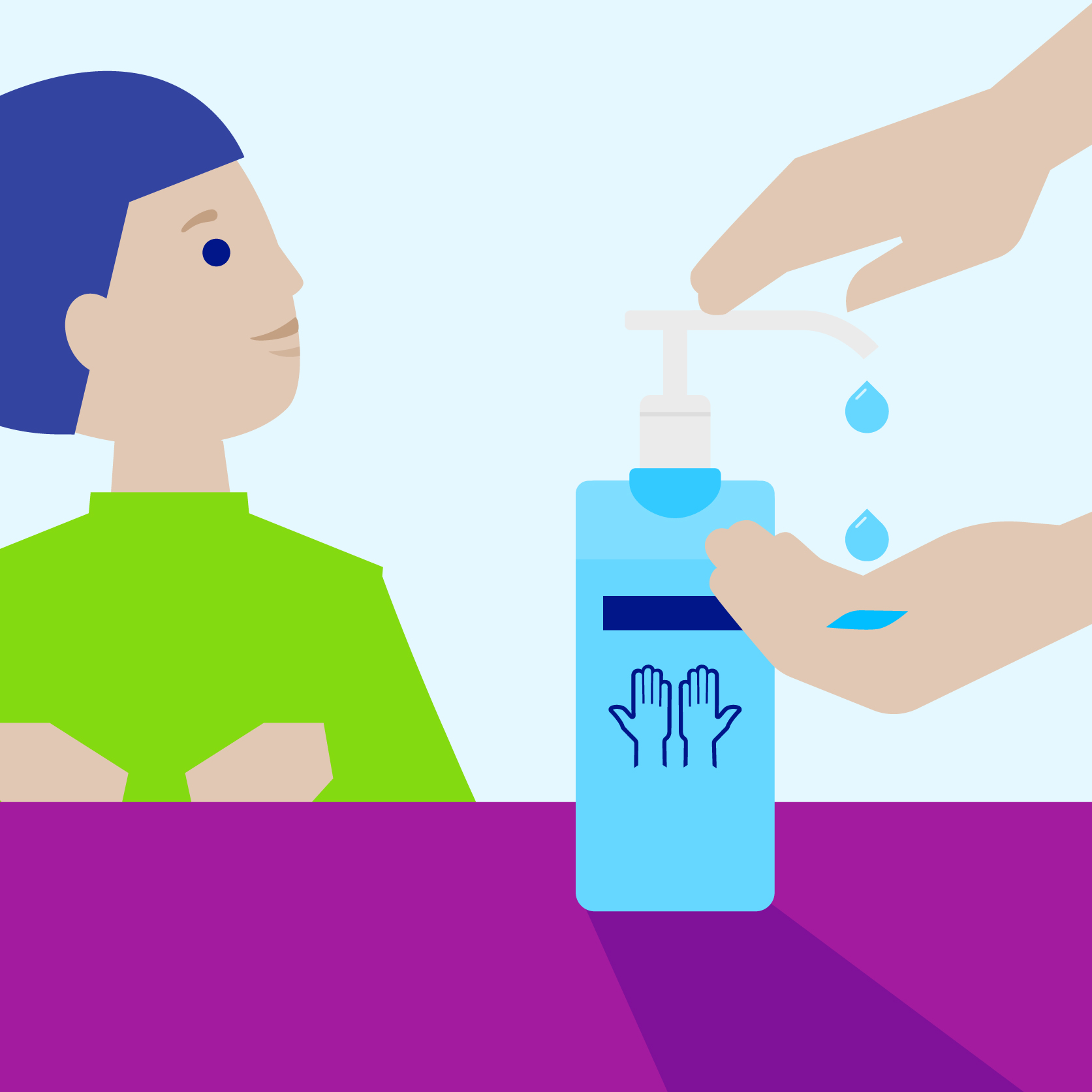 Illustration of hand disinfectant and wipes being used by adult hands to disinfect hands, child watches