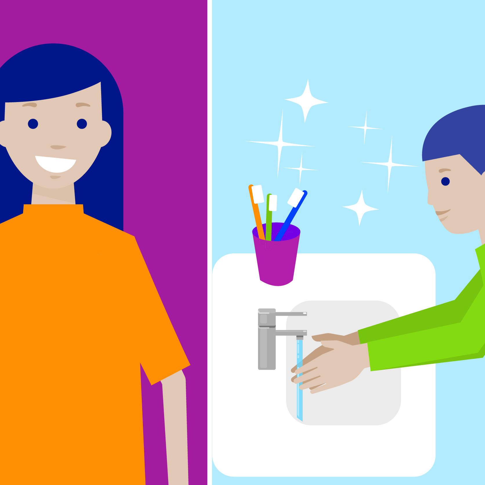 Illustration of child happily washing hands with soap under the tap, adult standing next to it.