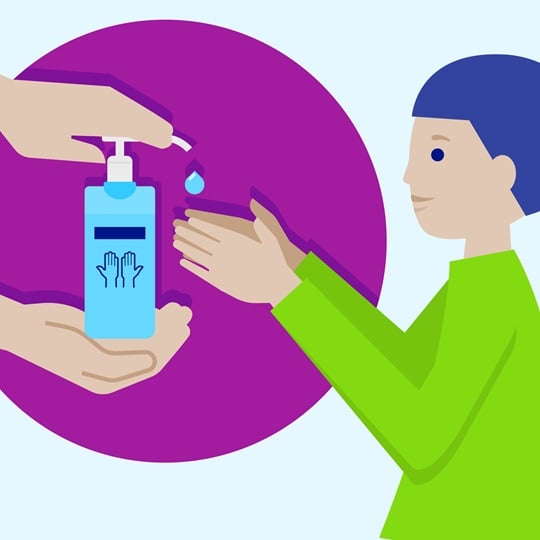 Illustration of a child getting hand disinfectant from adult and both rub in together.