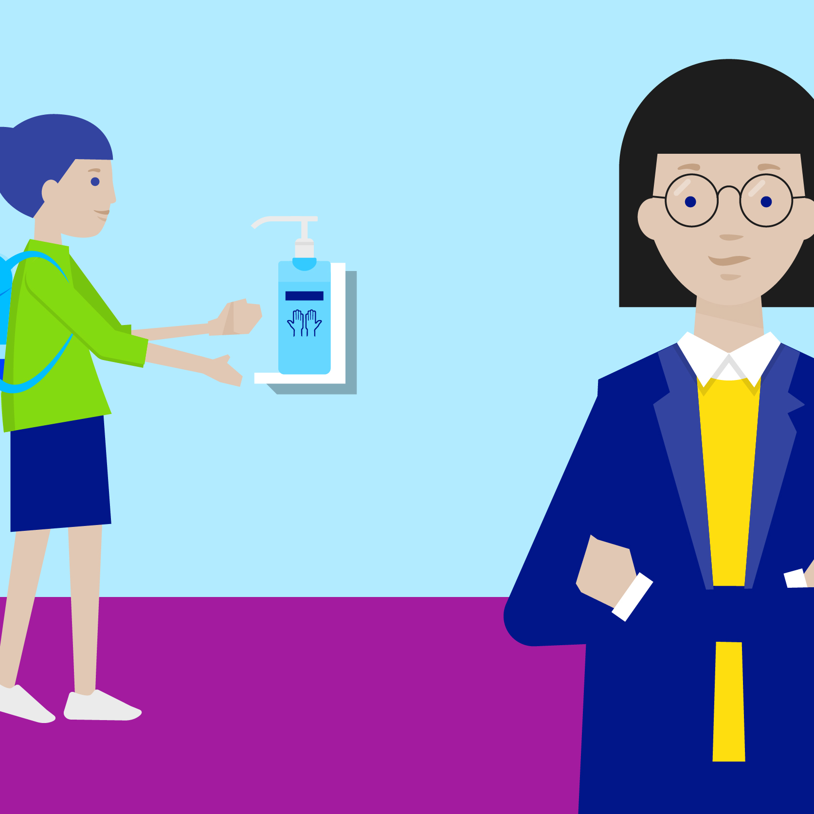 Illustration of a student disinfecting their hands at the school entrance under the supervision of a teacher.