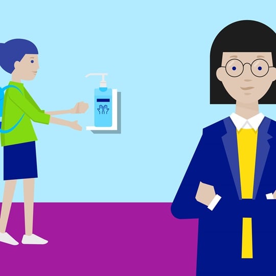 Illustration of a student disinfecting their hands at the school entrance under the supervision of a teacher.