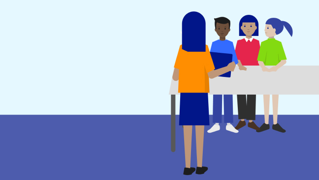 Illustration einer Lehrerin oder eines Lehrers mit Schülerinnen und Schülern.