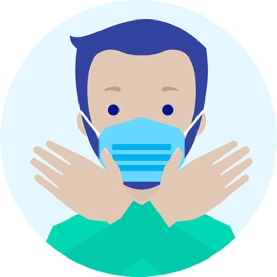 Illustration of portrait of a doctor wearing a mask and holding up their disinfected hands.