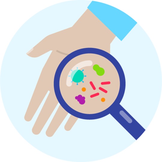 Illustration of bacteria and droplets being inspected on a hand through a magnifying glass.
