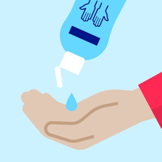 Illustration of hand disinfectant being applied.