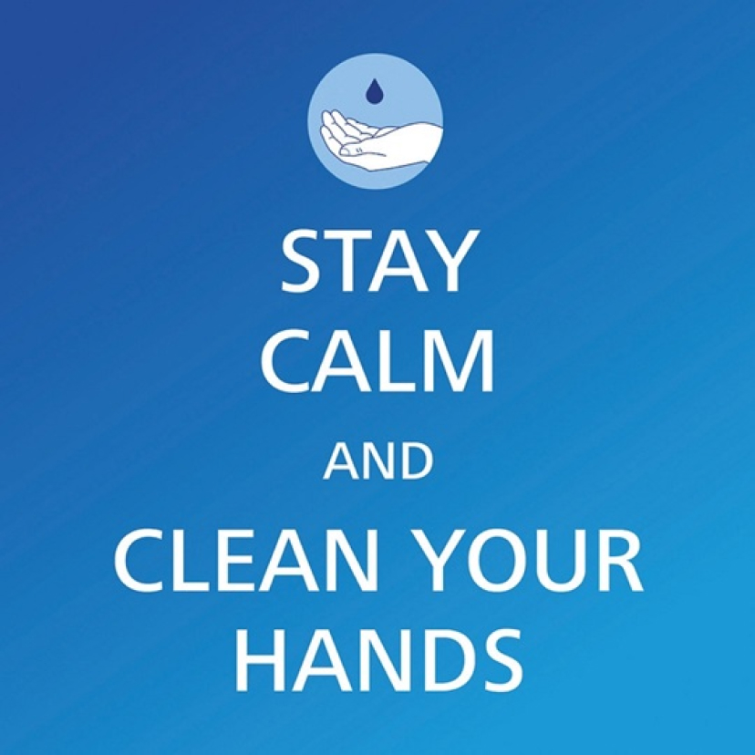 Image of quote saying: Stay calm and clean your hands.