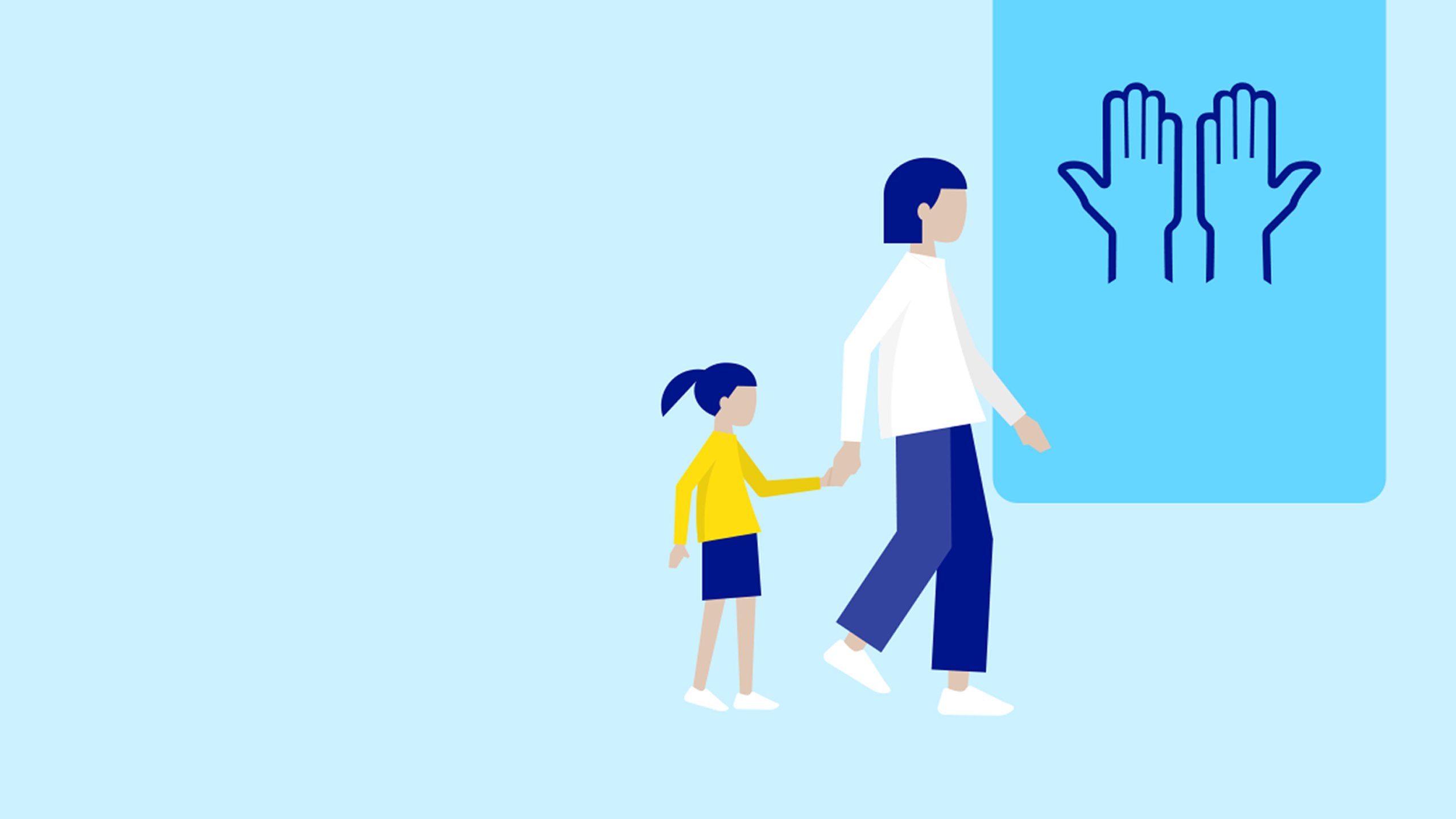 Illustration of parent holding their child's hand next to a symbolized hand disinfectant bottle.