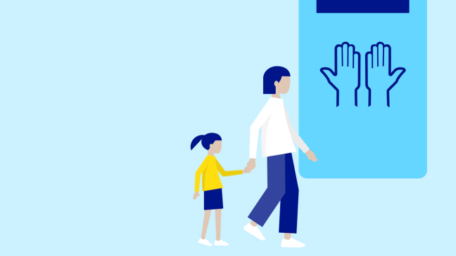 Illustration of parent holding their child's hand next to a symbolized hand disinfectant bottle.