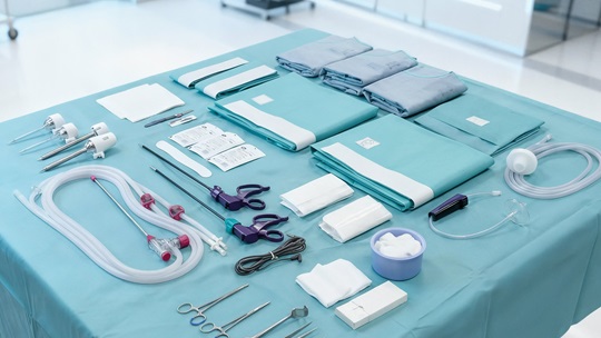 Tisch im OP mit laparoskopischen Instrumenten, Tüchern und Tupfern