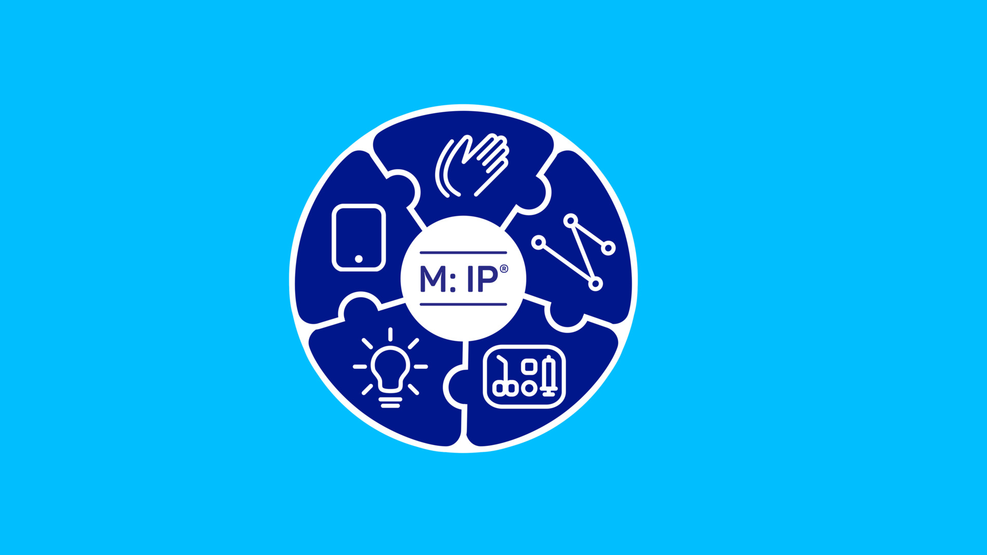 5 blaue Puzzleteile die in einem Kreis angeordnet sind. Auf jeden Puzzle-Teil ist ein Icon-Symbol für die 5 verschiedenen Präventionsbündel zu sehen. In der Mitte im weißen Kreis das M: IP Signet