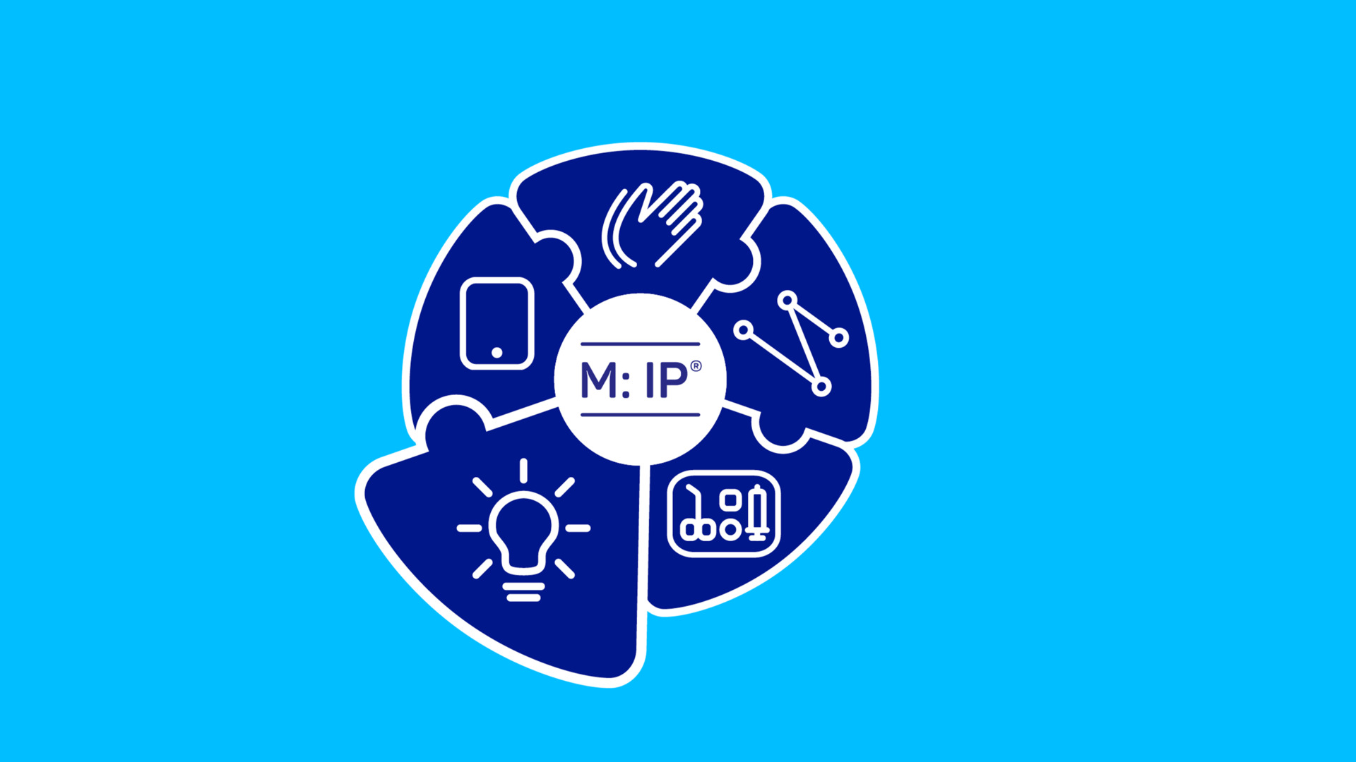 5 blaue Puzzleteile die in einem Kreis angeordnet sind. Auf jeden Puzzle-Teil ist ein Icon-Symbol für die 5 verschiedenen Präventionsbündel zu sehen. Das Puzzleteil für Schulung ist hervorgehoben. In der Mitte im weißen Kreis das M: IP Signet