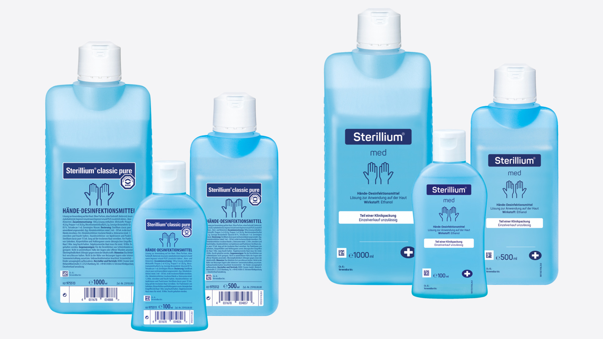 Bottles of Sterillium classic pure and Sterillium med hand disinfectants in various sizes, showcasing premium hygiene solutions.